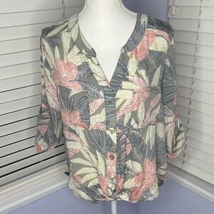 Ruby Rd. Pink, Navy Blue and Gray Leaf Print Blouse